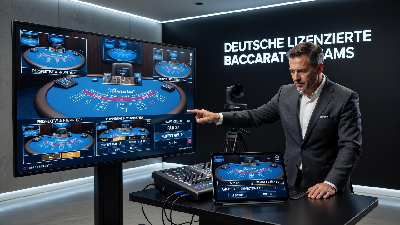 Detailaufnahme einer Kameraeinstellung in einem deutschen Baccarat-Stream, die Side-Bet-Bereiche hervorhebt