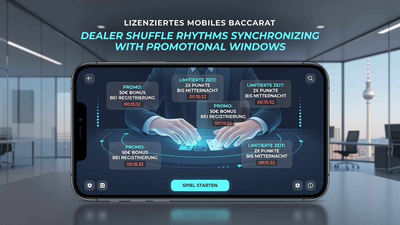 Mobile Baccarat-Oberfläche mit synchronisierten Werbeelementen während einer Shuffle-Phase