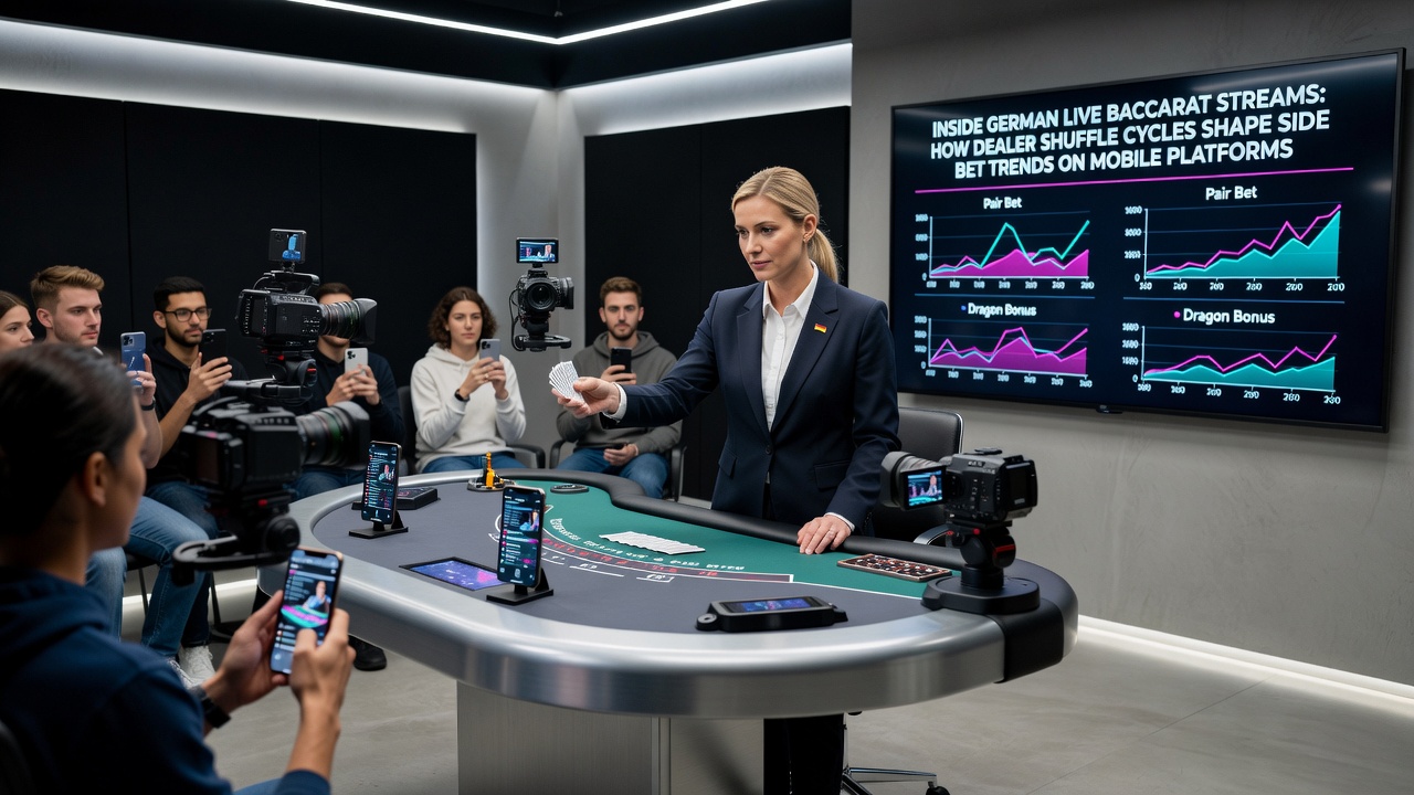 Mobile Ansicht eines Baccarat-Streams mit Side-Bet-Optionen und Shuffle-Indikator