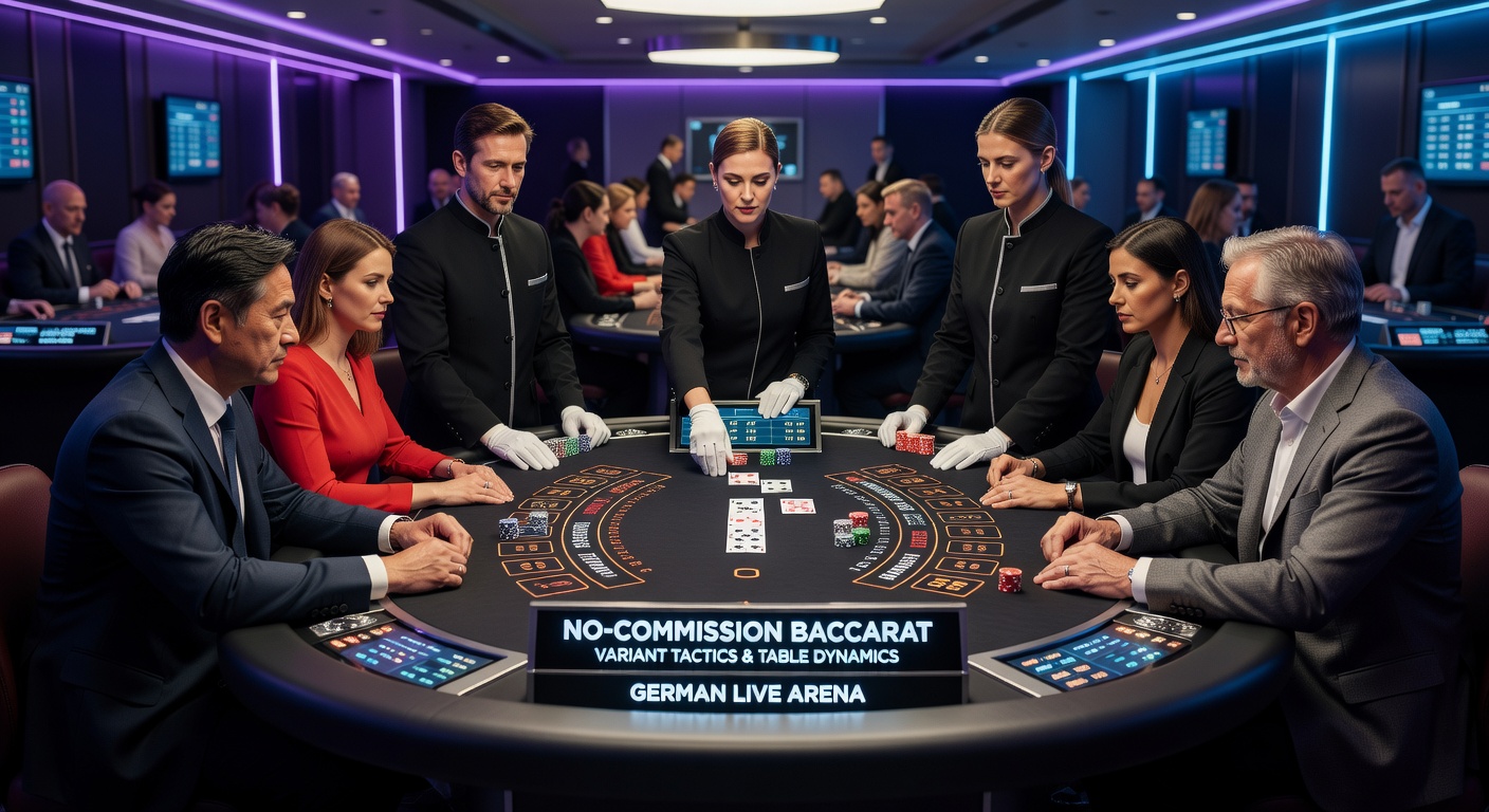 Nahaufnahme eines No-Commission Baccarat-Tisches mit Dealer, Chips und digitalen Wettscreens in einem Live-Stream für deutsche Spieler
