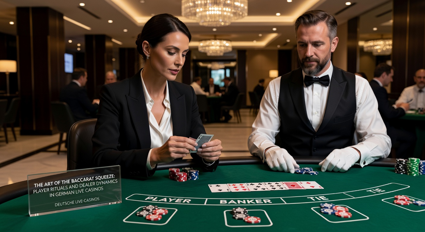 Dealer und Spieler in intensiver Interaktion während eines Baccarat-Squeezes in einem deutschen Live-Casino-Studio